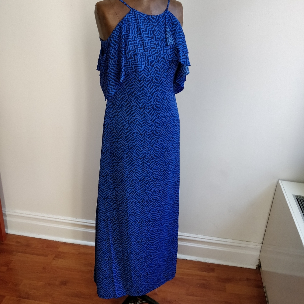 BANANA REPUBLIC Cold-shoulder dress with straps | size 0, blue patterned